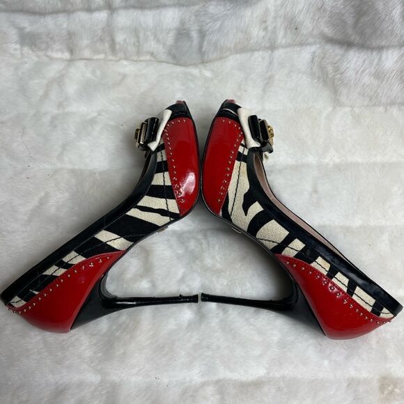 Jorge Bishoff Red patent leather,black white stripes textile peep toe he… - Picture 7 of 10